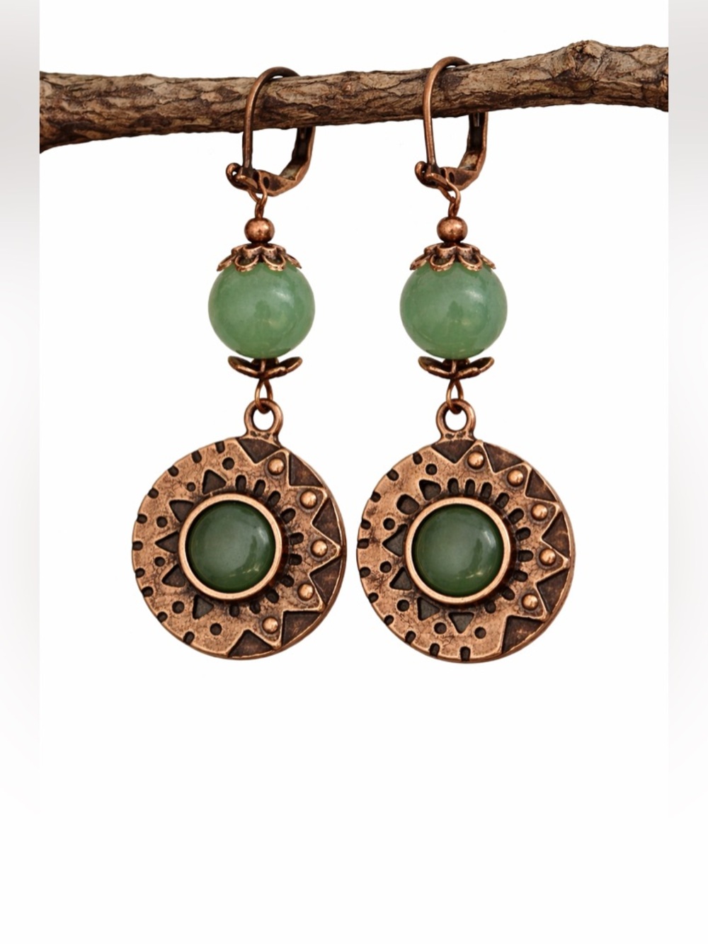 Green Cabochon Dangle Earrings, Antique Copper Boho Drops